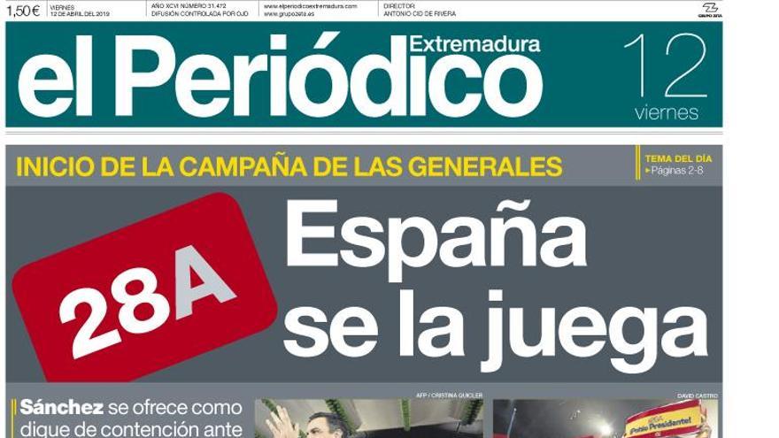 Esta es la portada de EL PERIÓDICO EXTREMADURA correspondiente al día 12 de abril del 2019