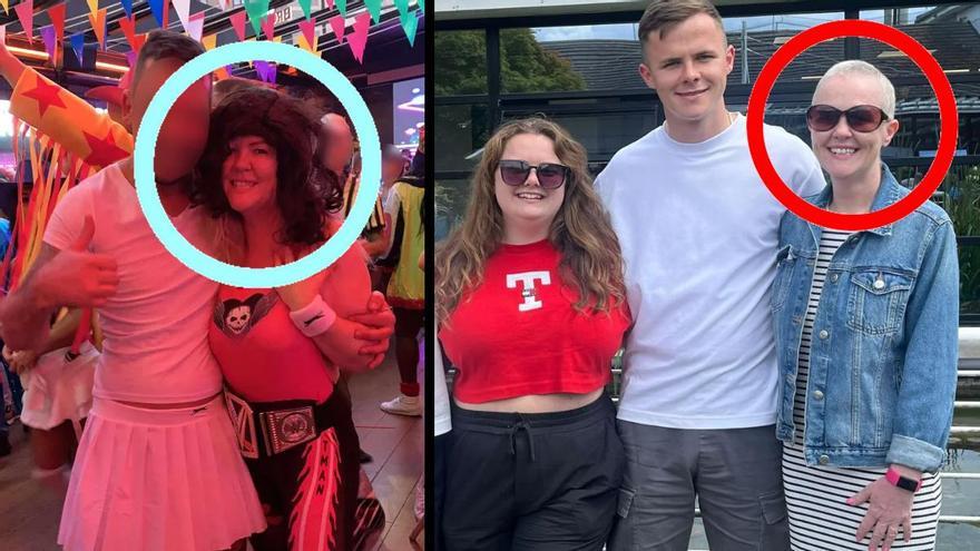 Clare Bushell en una imagen de su juerga en Benidorm y a la derecha con su familia tras su recuperación del cáncer.