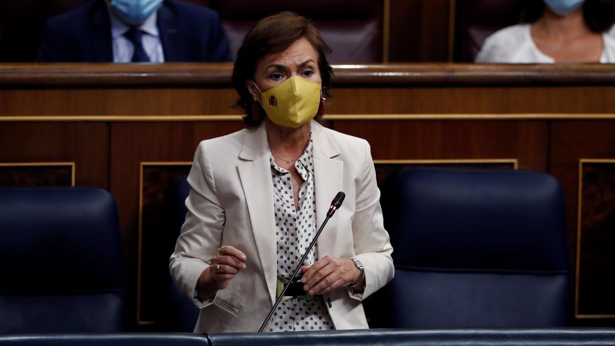 La vicepresidenta primera del Gobierno, Carmen Calvo, este 9 de septiembre en el pleno del Congreso.