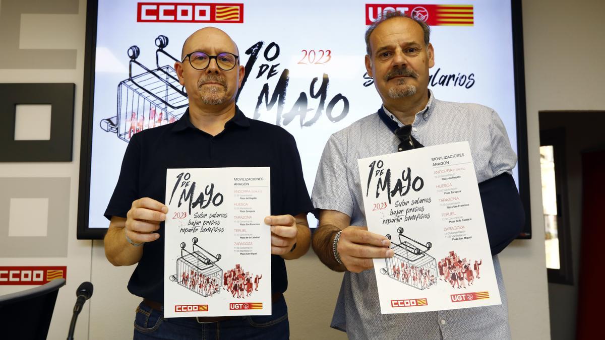 Los secretarios generales de CCOO y UGT de Aragón, Manuel Pina y José Juan Arceiz.