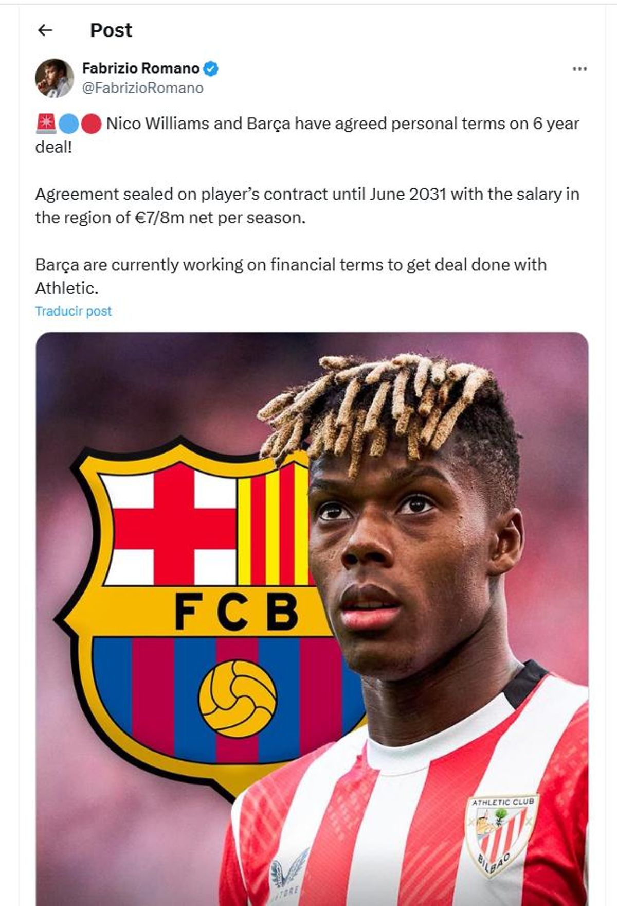 El post de Fabrizio Romano sobre las condiciones del fichaje de Nico Williams por el FC Barcelona