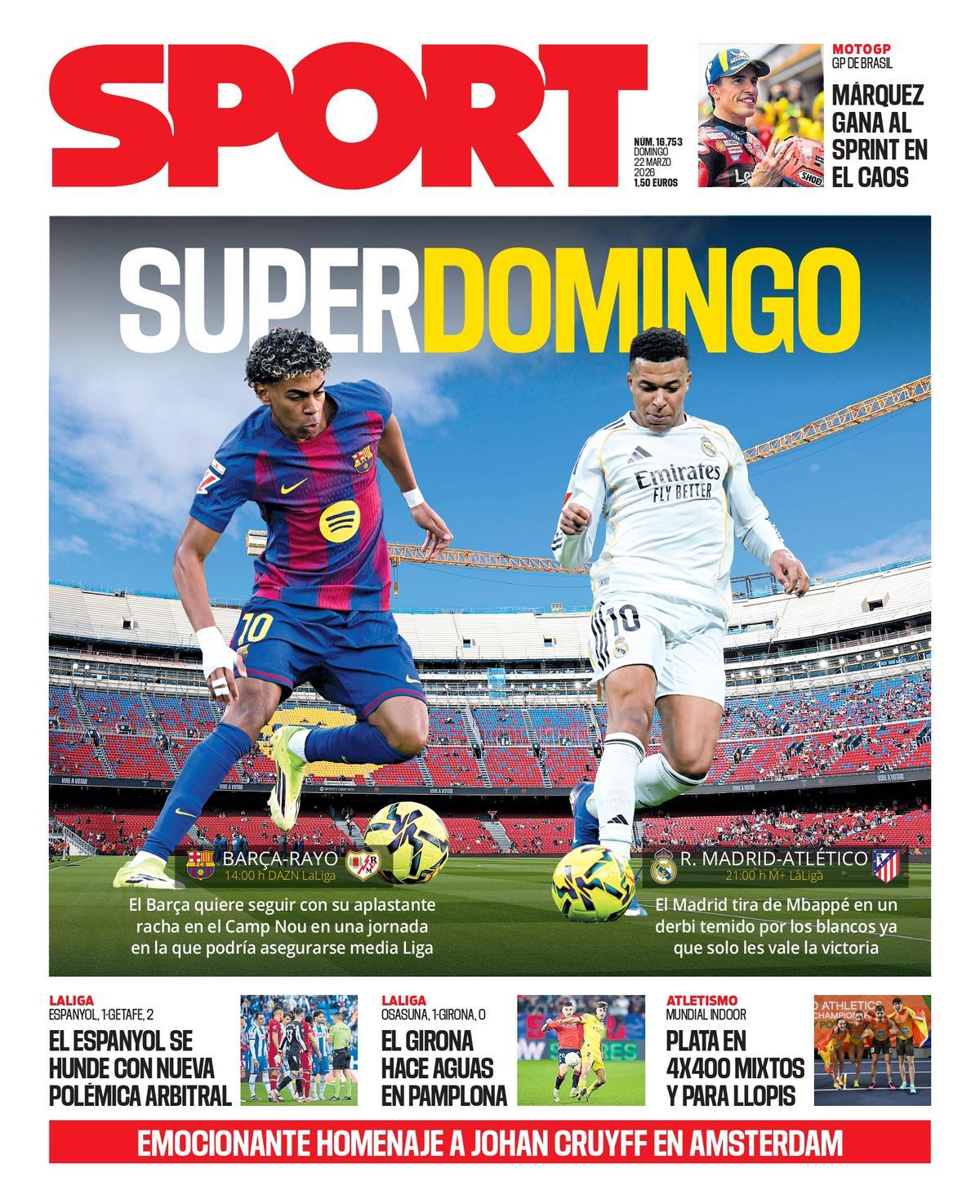 Esta es la portada de SPORT de hoy domingo, 22 de marzo de 2026