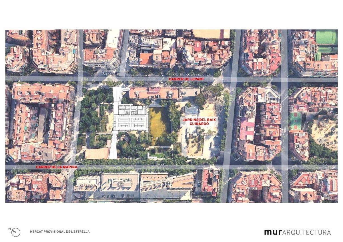 Emplazamiento previsto del mercado provisional en los Jardines del Baix Guinardó.