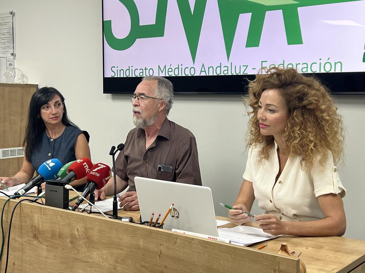 Ana Duarte, Antonio de la Cruz y  Virginia Ortega durante la rueda de prensa en la sede del Sindicato Médico de Málaga.