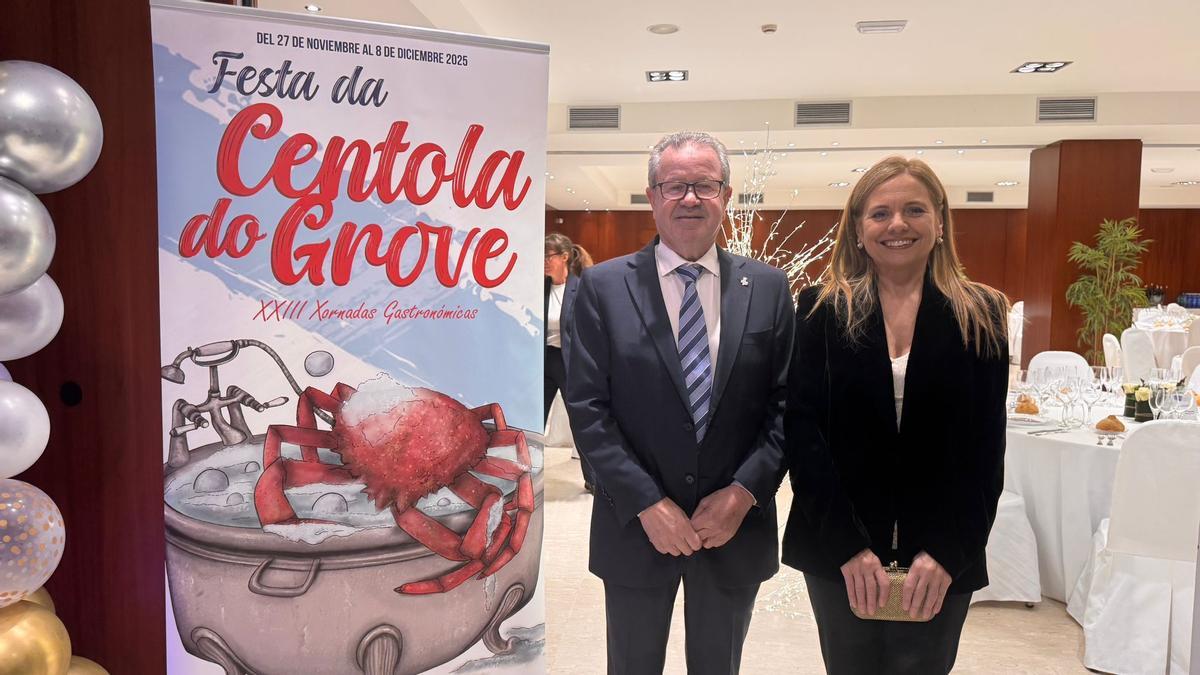 El presidente y la vicepresidenta de Emgrobes, junto al cartel de la fiesta.