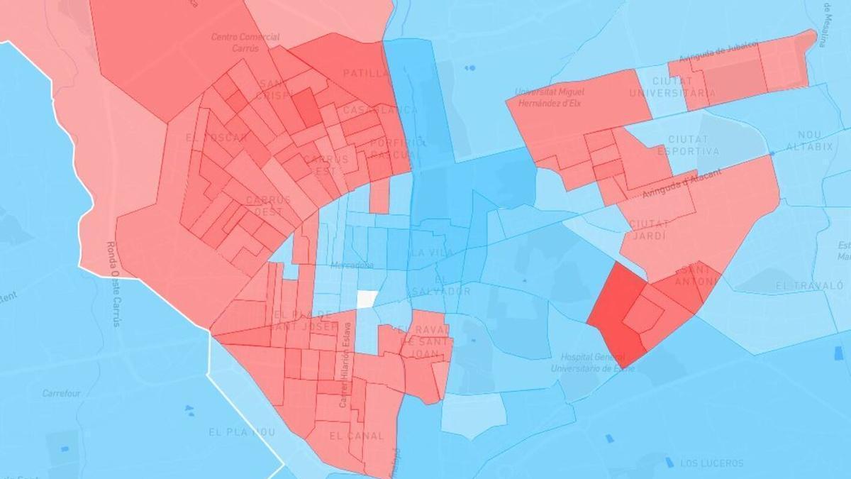 El casco urbano de Elche, en rojo los triunfos del PSOE, en azul, los del PP