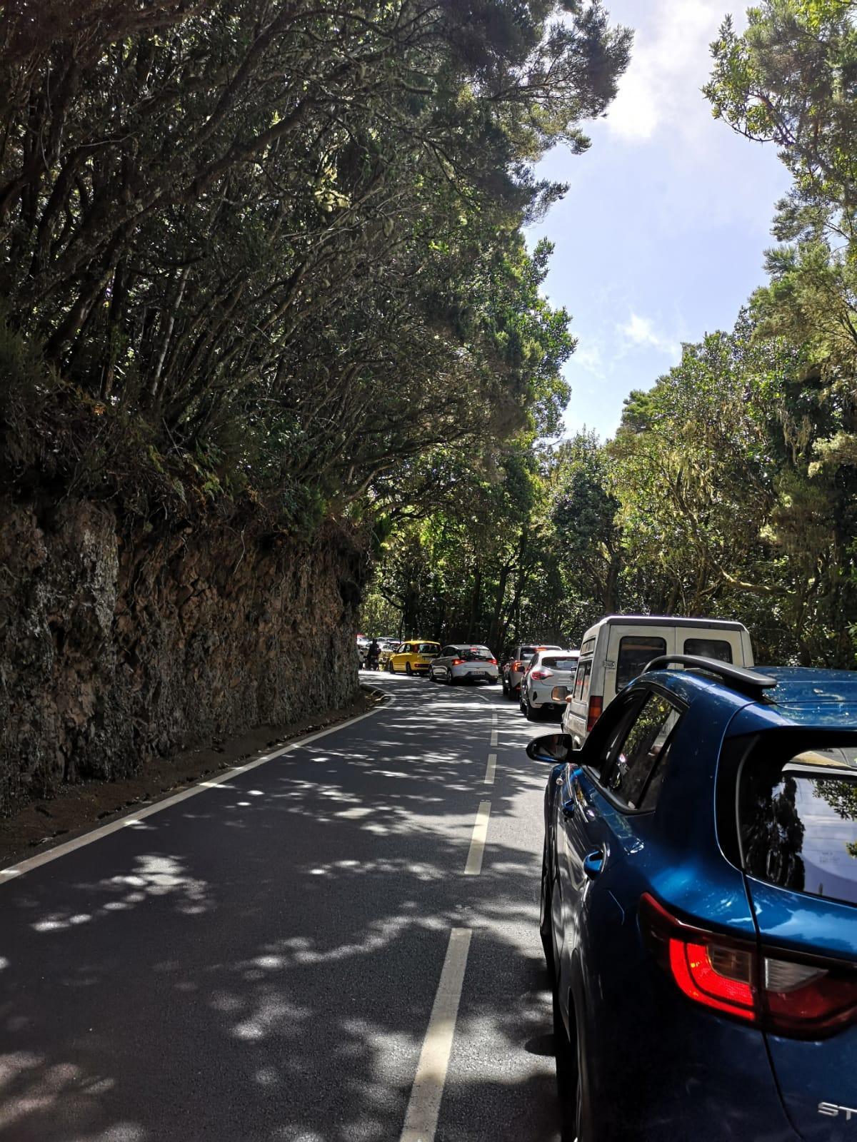 Colas en la TF-12, dentro de Anaga, por la zona de la Cruz del Carmen
