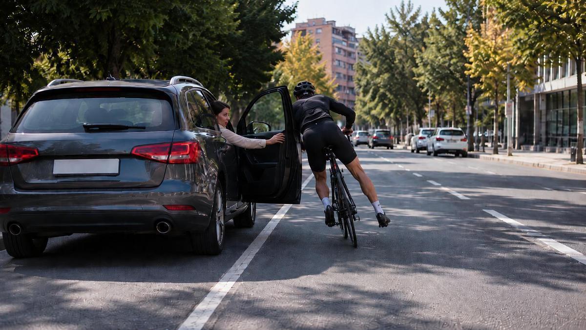 Una mujer abre la puerta del coche y un ciclista casi se choca contra ella.