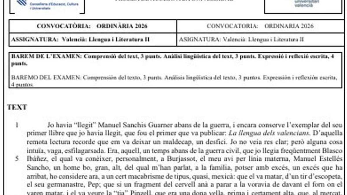 Texto del examen de la PAU, del libro "El forn del Sol".