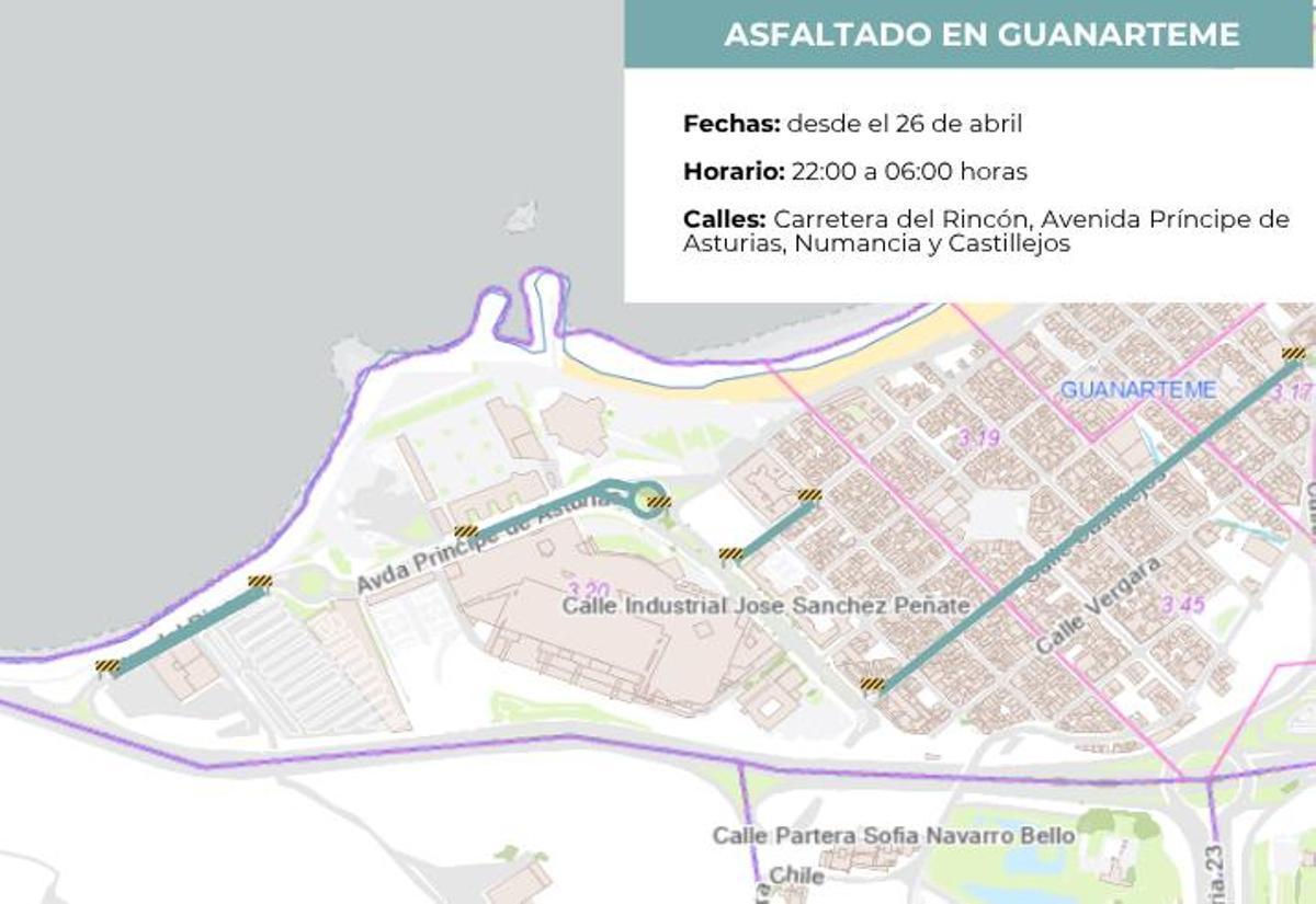 Mapa con las zonas y horarios del asfaltado en Guanarteme la noche del domingo 26 de abril.