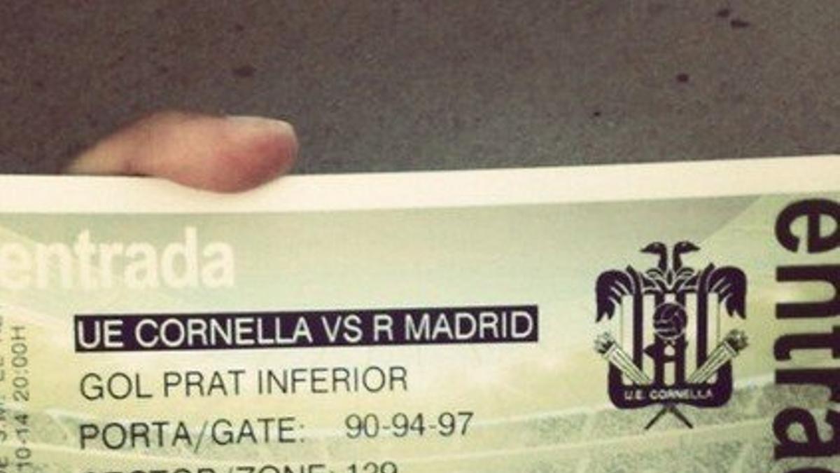 Imagen de una entrada para el partido de Copa del Rey entre el Cornellà y el Real Madrid.