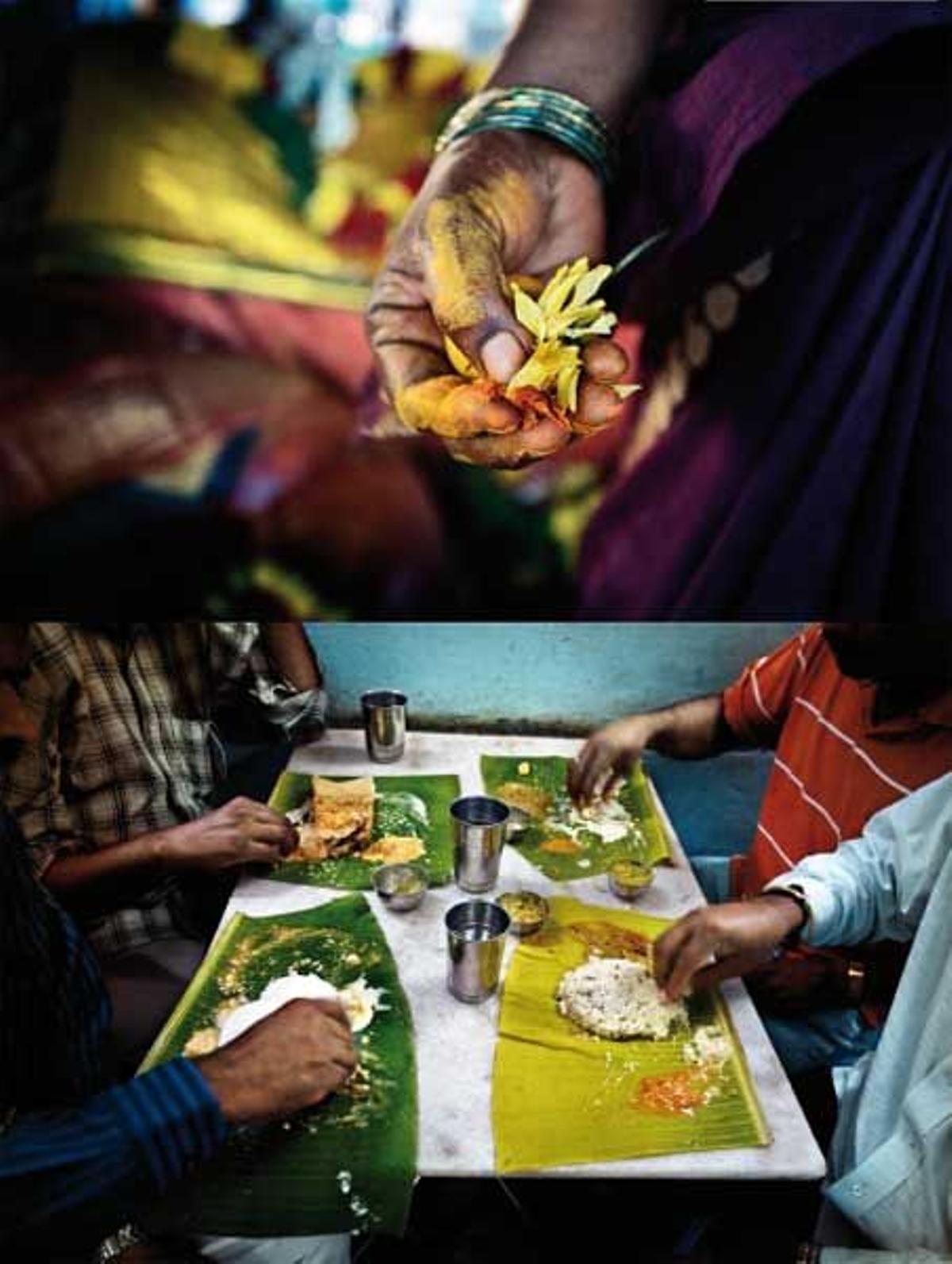 Ofrenda
floral y trabajadores comiendo en Chidambaram.