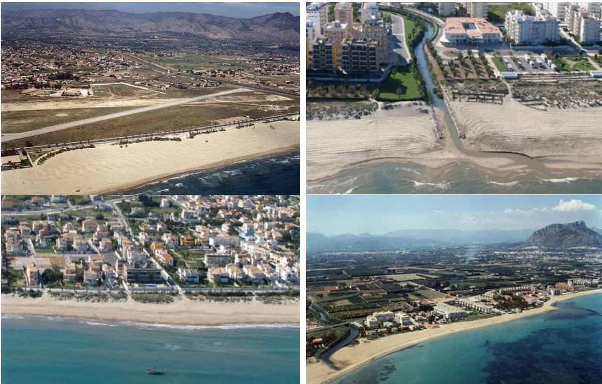 Ejemplos de tramos naturales en zonas urbanizadas: Playa del Gurugú (Castellón), Playa de L’Aigua Blanca (Oliva), Playa de Guardamar (Guardamar de la Safor) y Racó de la Alberca (Denia).