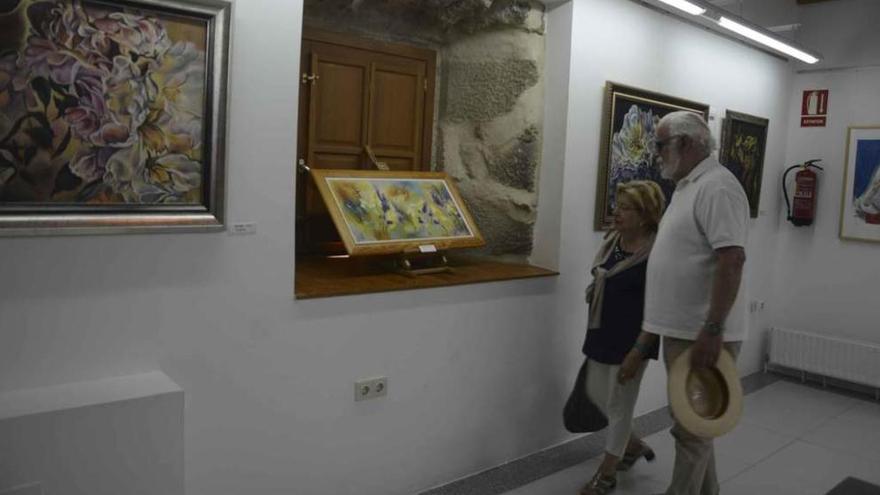 Dos personas observan algunos de los cuadros expuestos en la Casa del Parque de Fermoselle.