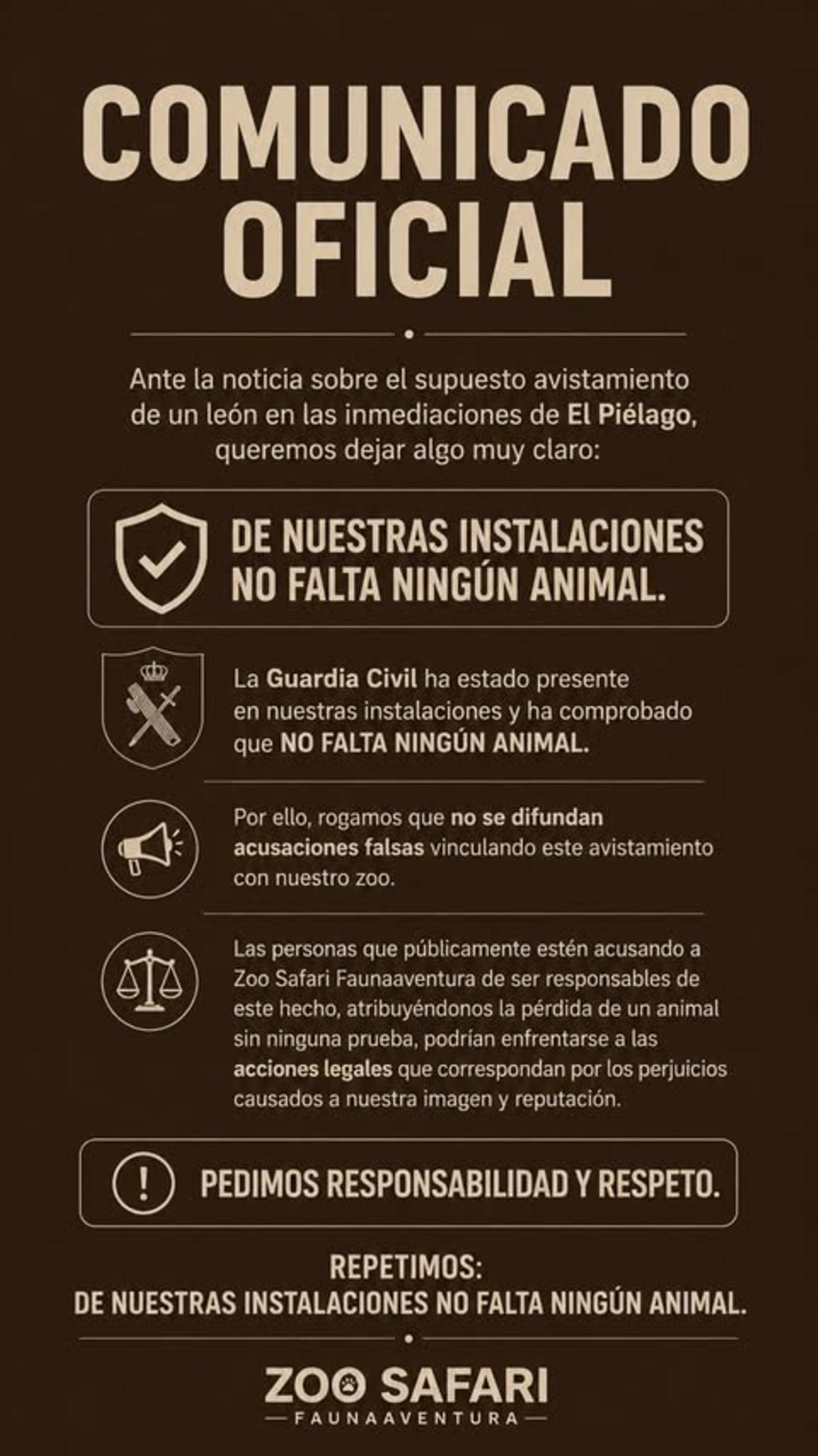 Comunicado del Zoo Safari Fauna Aventura donde descartan la fuga de uno de sus leones.
