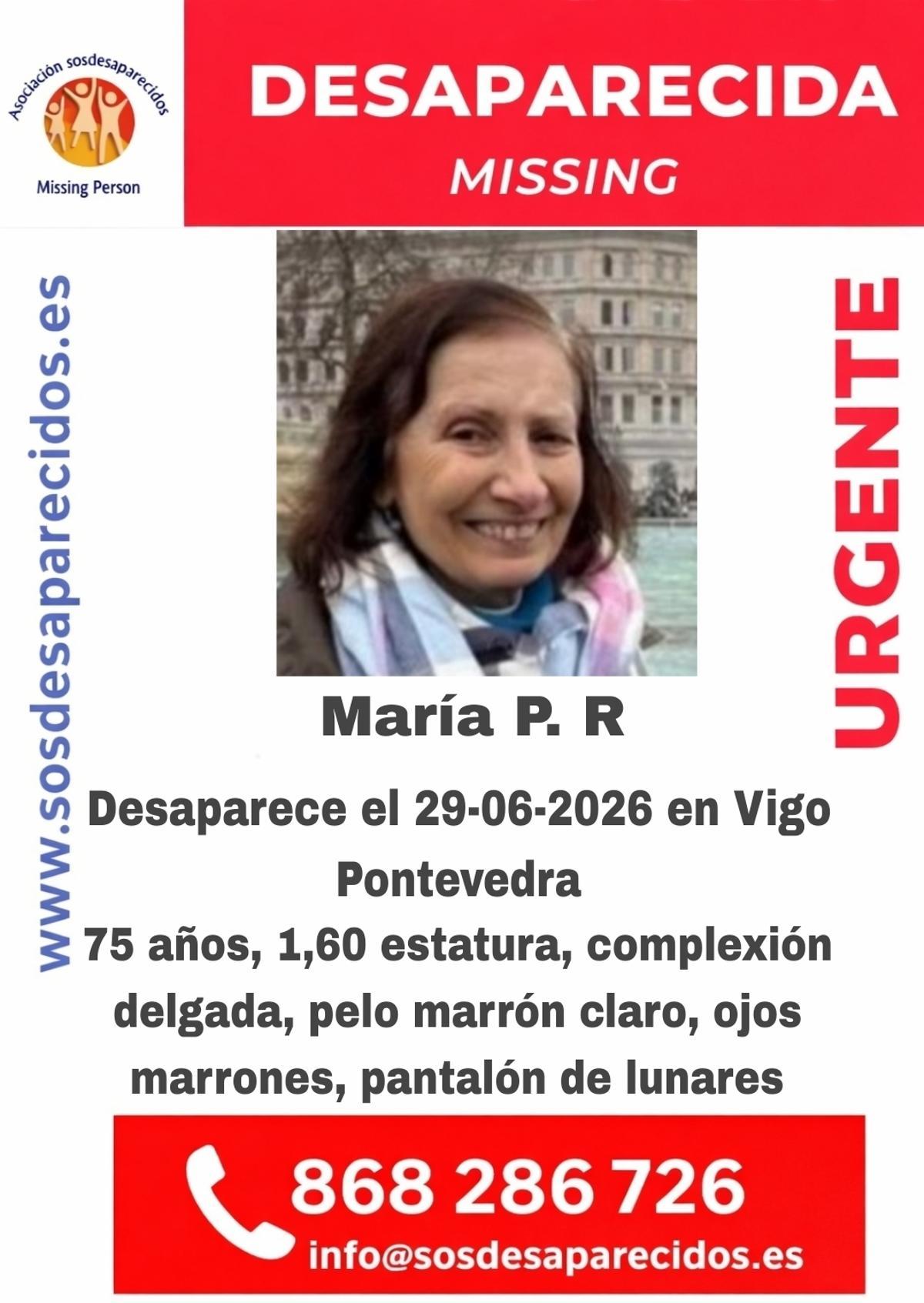 Cartel de SOS Desaparecidos con el anuncio de María P. R.