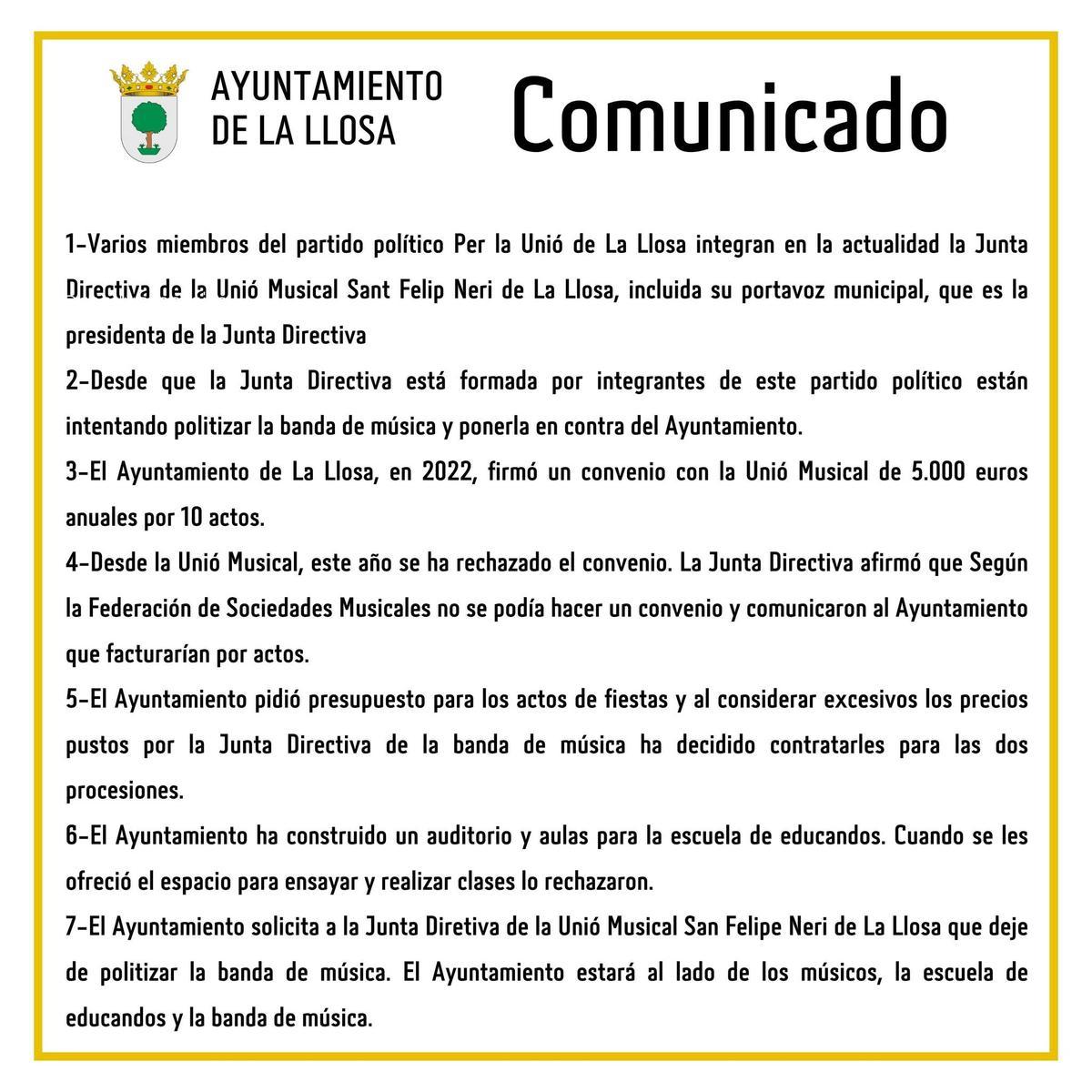 Comunicado del Ayuntamiento de la Llosa.