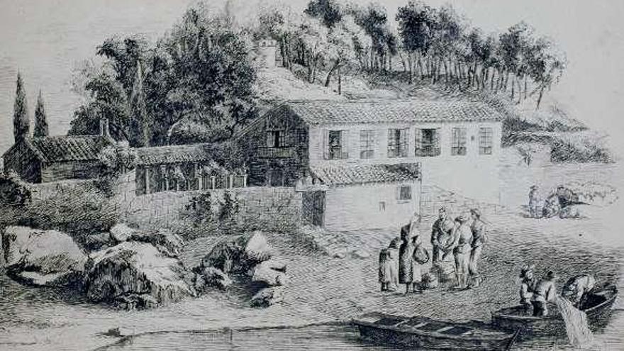 Debuxo das casas, capela e pombal no 1876.