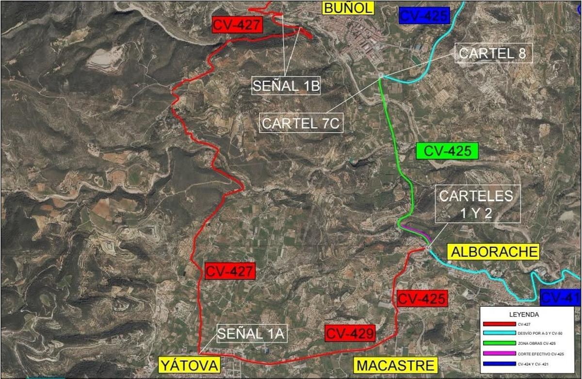 Las carreteras señalizadas afectadas por el corte y la vía alternativa, la CV-427.