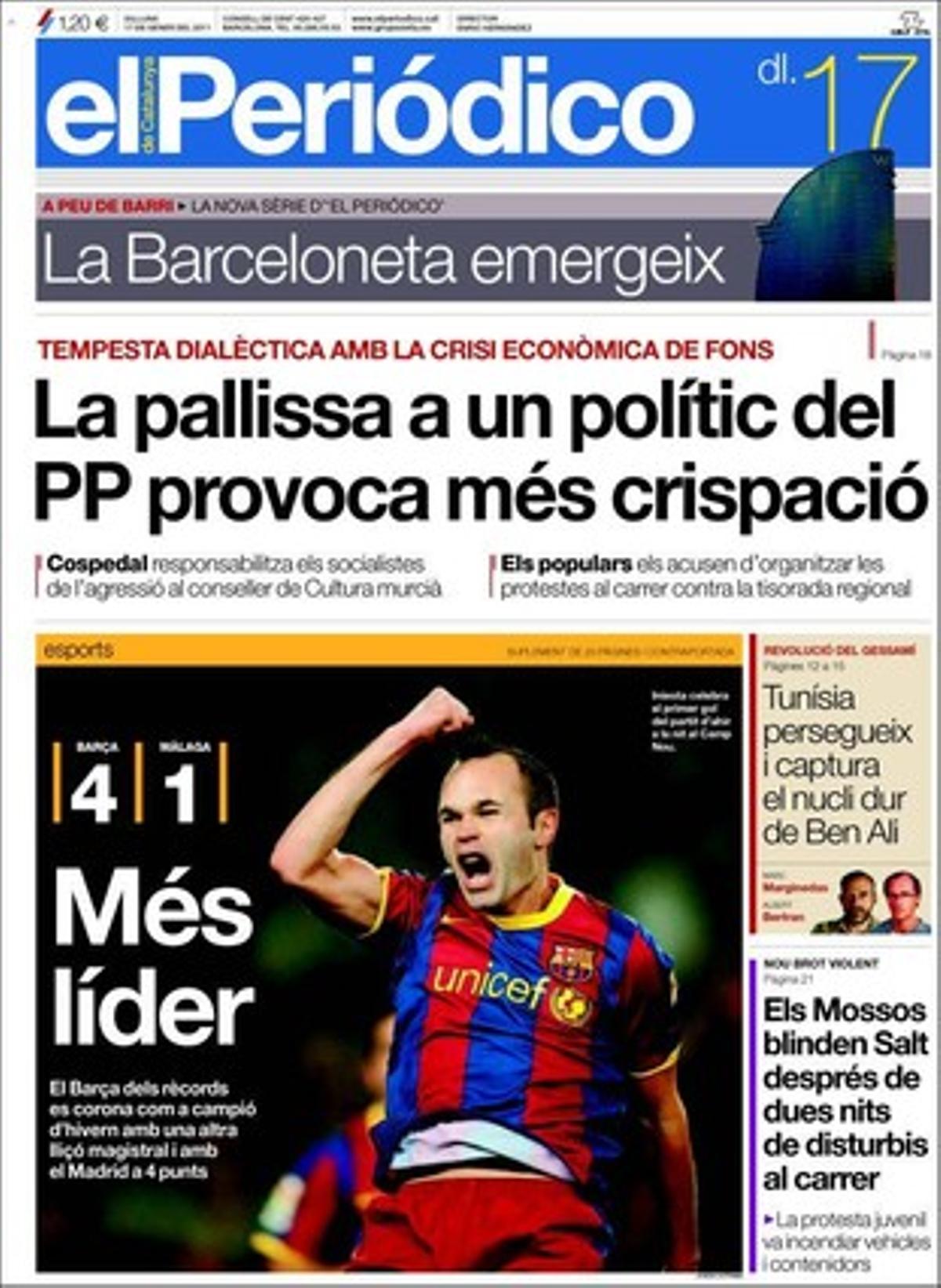 EL PERIÓDICO destaca també que el president del PNB diu que ja és hora de legalitzar l’esquerra abertzale i que Duran Lleida repta PP i PSOE a acabar amb la igualtat entre autonomies; que Repsol prepara més pous a Tarragona malgrat els vessaments; que els Mossos demanen al ’conseller’ Felip Puig armilles antibales interiors; que la barcelonina Casa Amèrica celebrarà aquest 2011 els seus 100 anys, i que la reforma que es discuteix afectarà el 36% dels pensionistes. Les claus de Johan Cruyff i el quadern ’Esports’ analitzen la jornada de l’esport professional. 