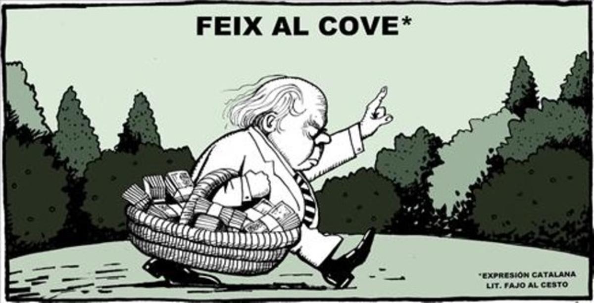 6 de agosto del 2014. Viñeta de Ferreres que muestra a Jordi Pujol llevándose fajos de dinero en un cesto