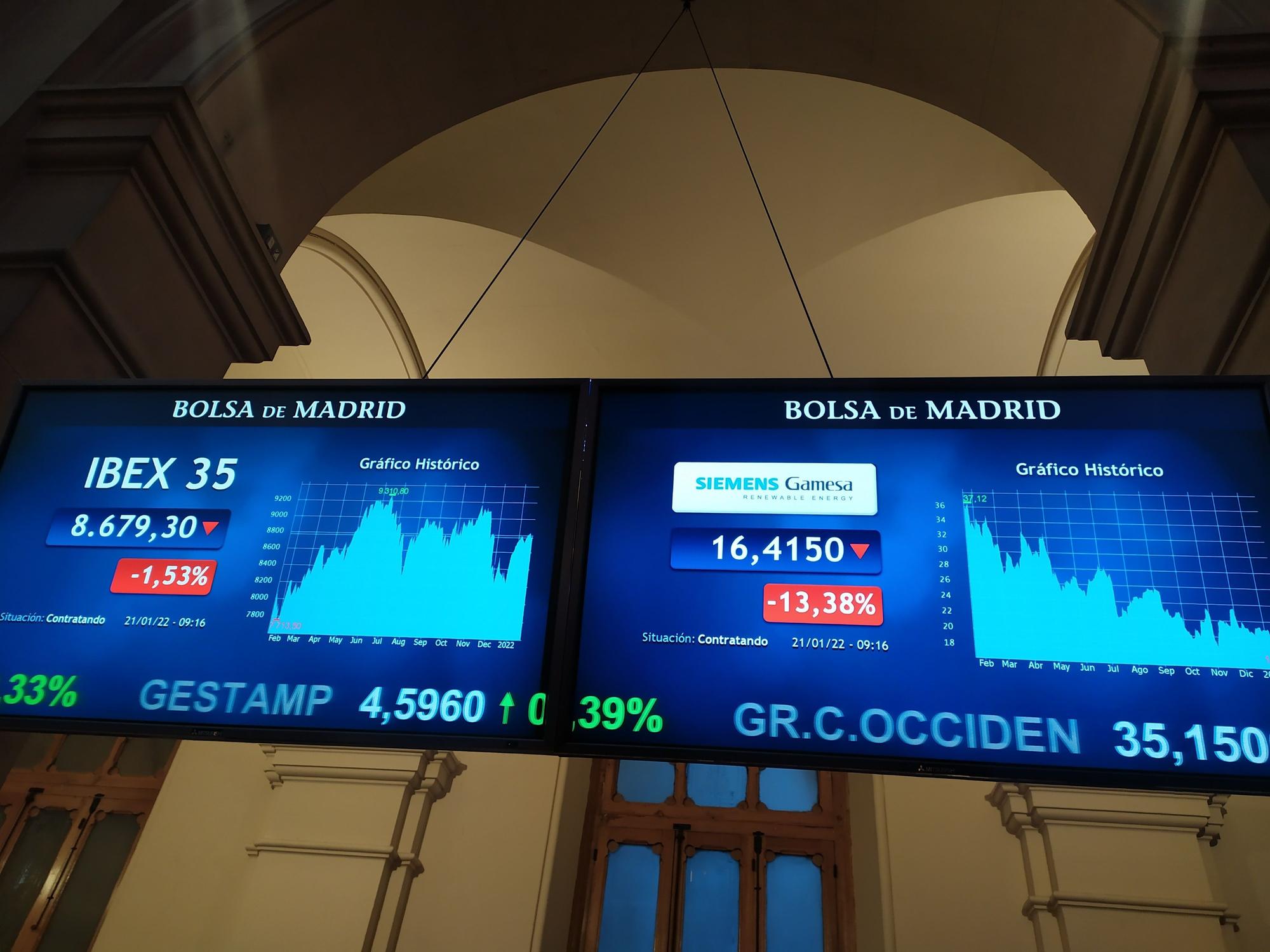 Vista de dos de las pantallas en el parqué de la Bolsa de Madrid