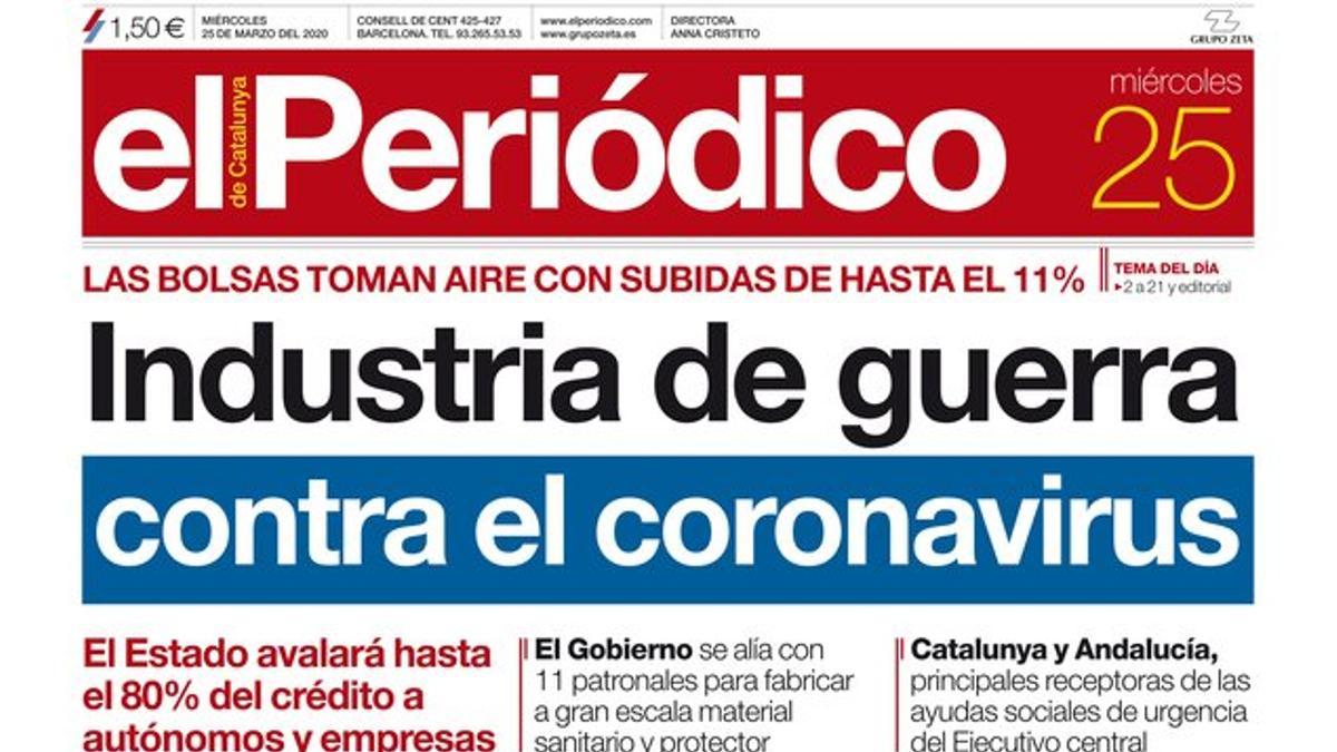 La portada de EL PERIÓDICO del 25 de marzo del 2020