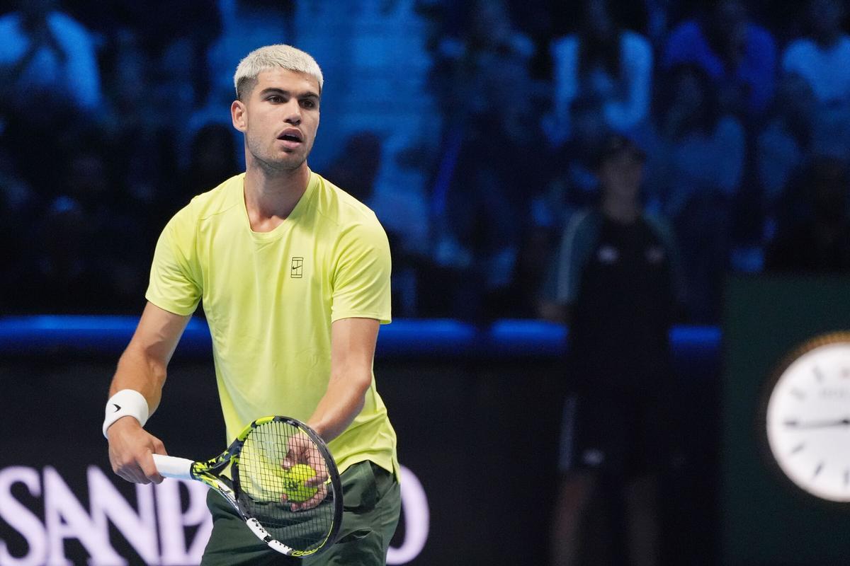 Carlos Alcaraz (Spain) during the match againts Alex De Minaur (Australia) during the Nitto ATP Finals 2025 on 9 November 2025 at the Inalpi Arena in Turin, Italy - Photo Claudio Benedetto / LiveMedia / DPPI AFP7 09/11/2025 ONLY FOR USE IN SPAIN. Claudio Benedetto / LiveMedia / AFP7 / Europa Press;2025;ATP;FINALS;NITTO;Sport;tennis;TURIN;TENNIS - NITTO ATP FINALS 2025