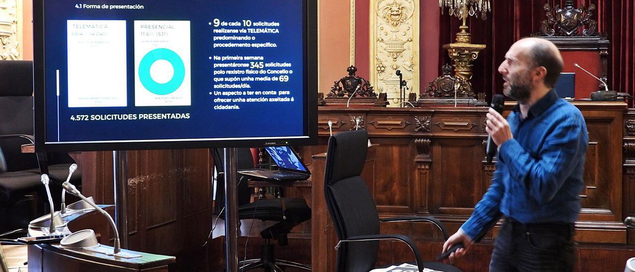 El alcalde, ayer, durante su explicación del reparto y plazos de ayudas a autónomos. | // FERNANDO