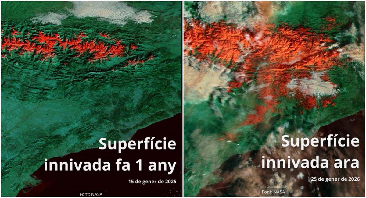 Comparativa de la neu acumulada el mateix dia el 2025 (esquerra) i el 2026 (dreta)