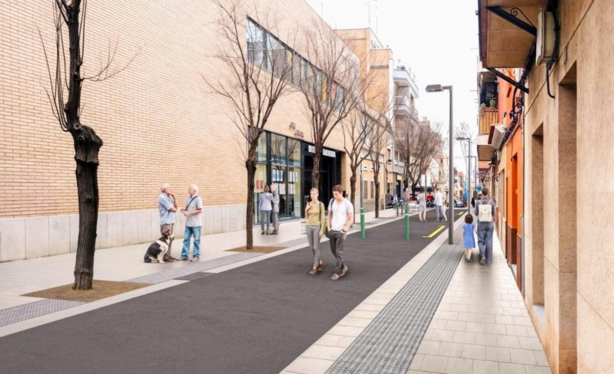 Recración virtual de la calle Josep Torras i Bages de Cornellà pacificada.