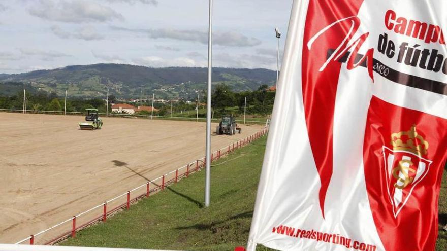 Dos máquinas trabajan en el campo número 6 de la Escuela de Fútbol de Mareo.