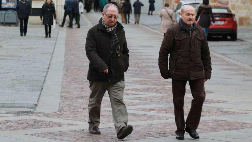 Dos jubilados pasean por las calles de Zamora, ayer.