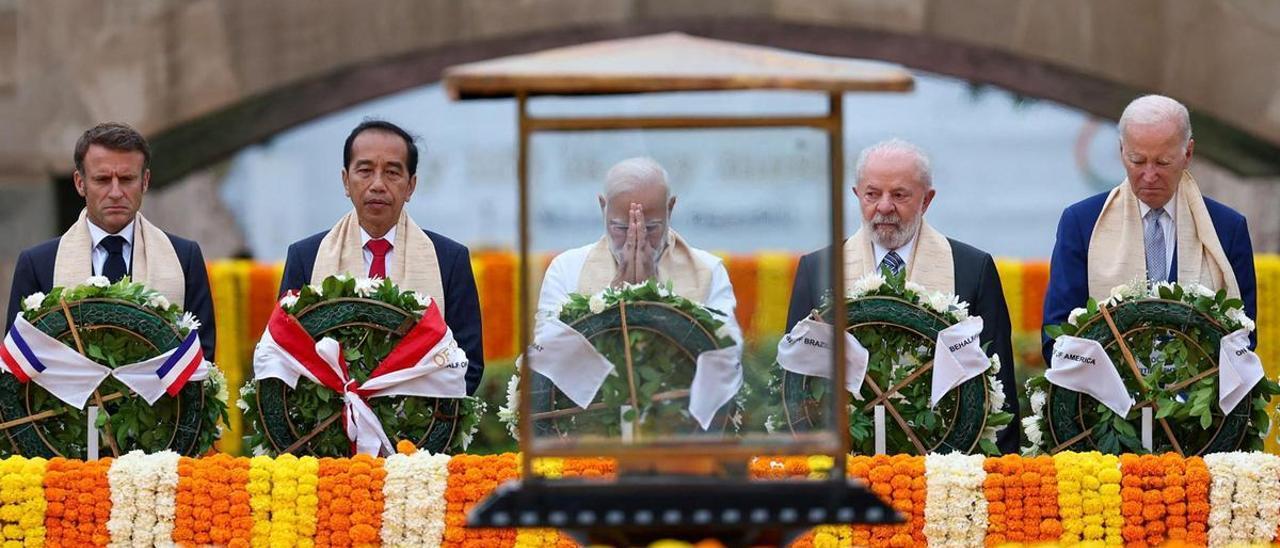 Los presidentes de Francia, Indonesia, India, Brasil y Estados Unidos, durante la clausura de la cumbre del G20.