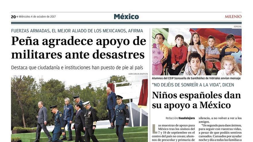 Página del periódico Milenio donde se recoge la información referida al colegio Sansueña de Santibáñez de Vidriales e imagen de escolares del centro zamorano capturada del vídeo.
