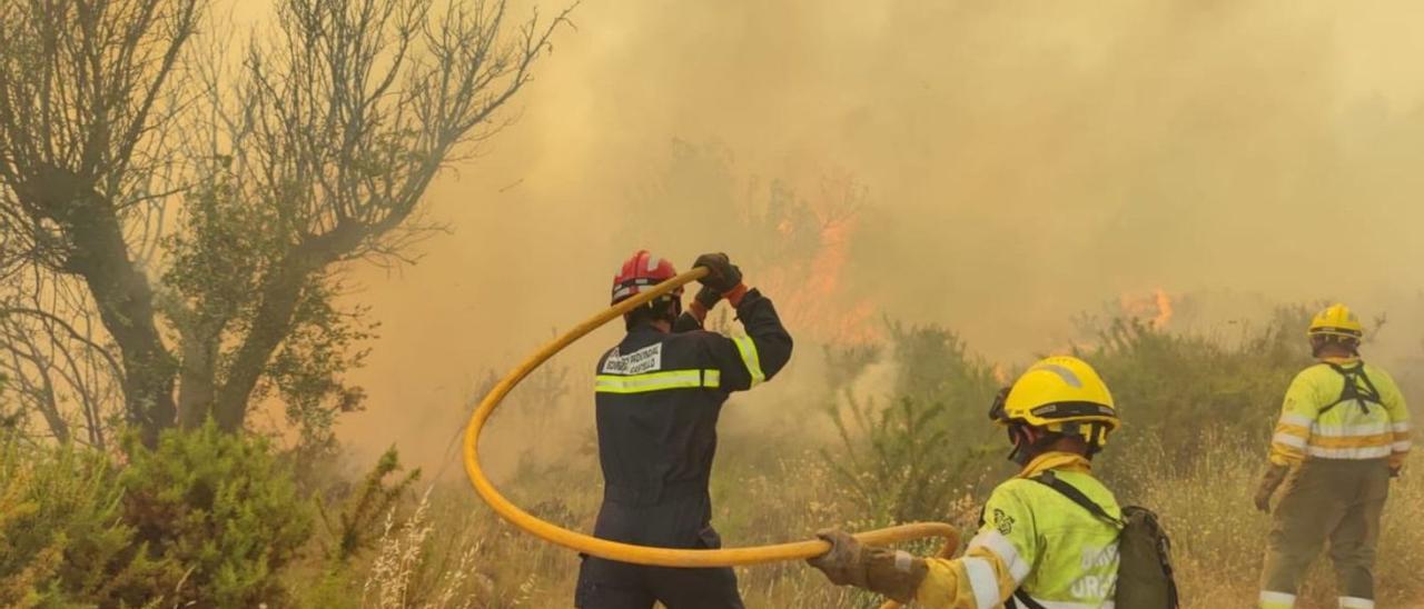 Bomberos forestales, durante las labores de extinción en el incendio de Caudiel