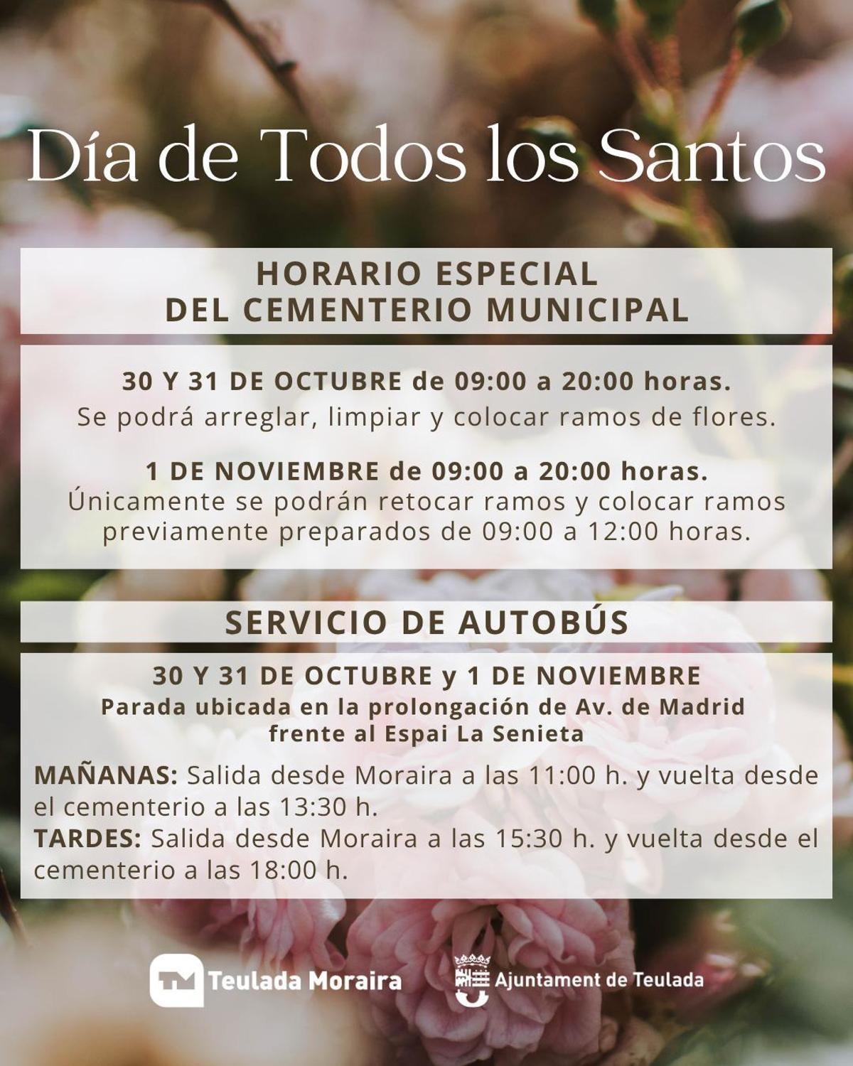 Cartel oficial del horario y el transporte para el 1 de noviembre