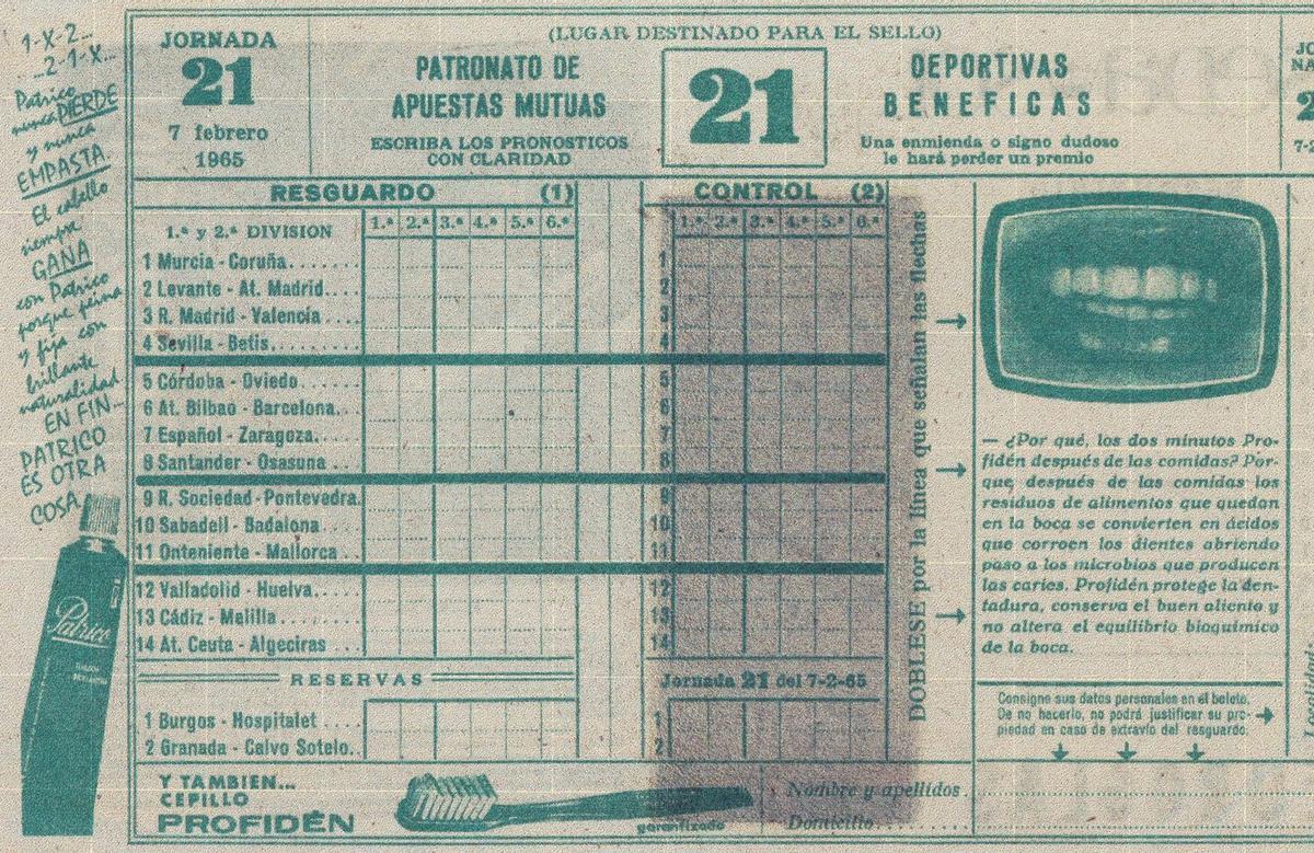 Boleto de quiniela do ano 1965.