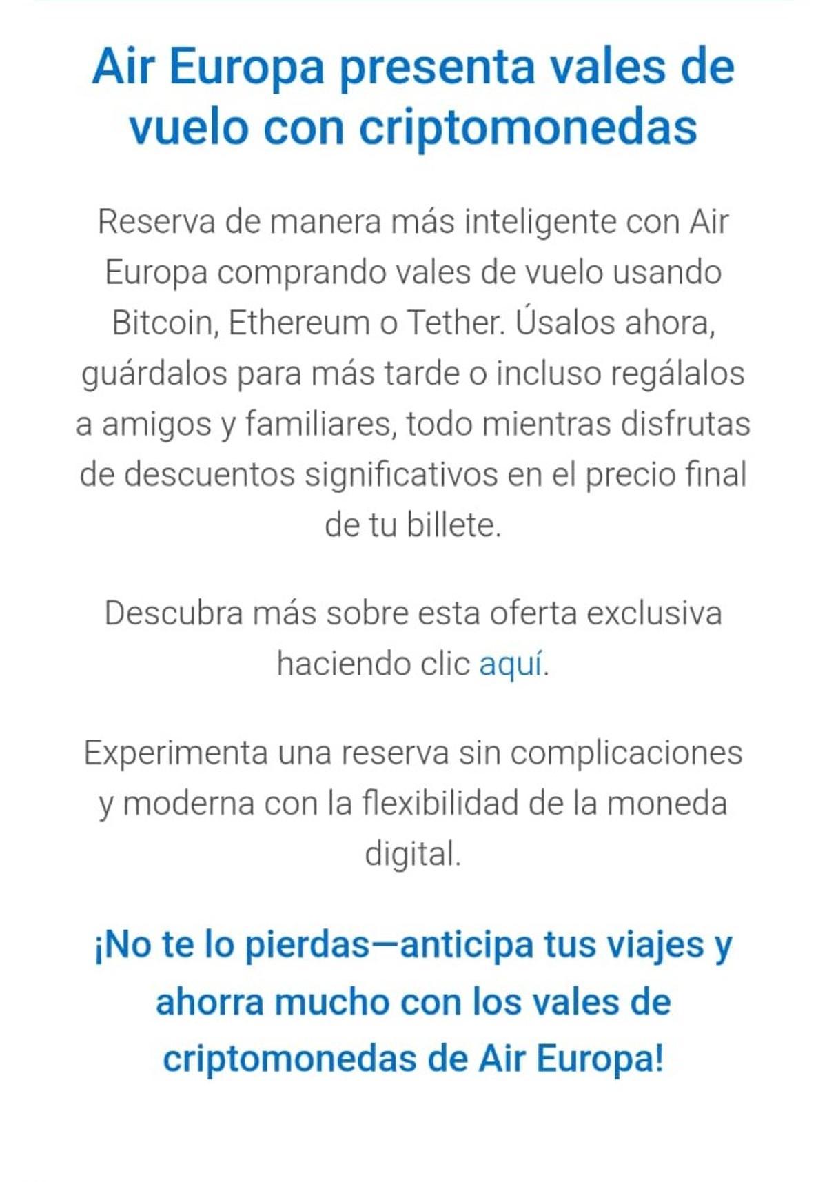 Mensaje enviado usurpando el nombre de la aerolínea.