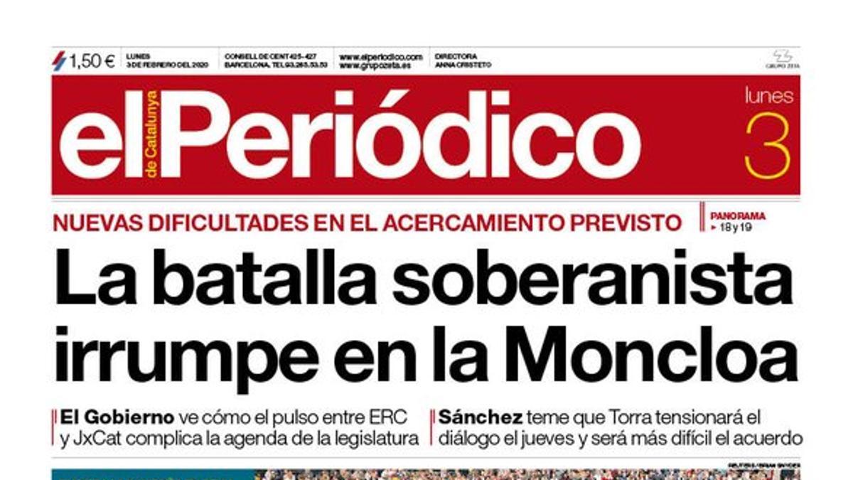 La portada de EL PERIÓDICO del 3 de febrero del 2020