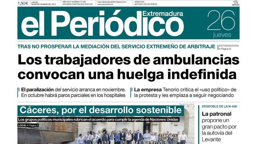 Esta es la portada de EL PERIÓDICO EXTREMADURA correspondiente al día 26 de septiembre del 2019