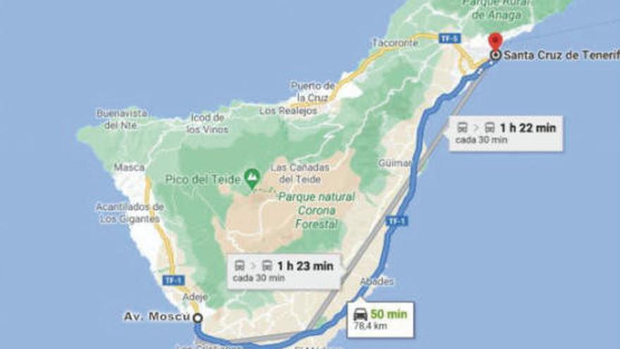 Itinerario que recorrerá la caravana de vehículos desde Costa Adeje hasta Santa Cruz de Tenerife.