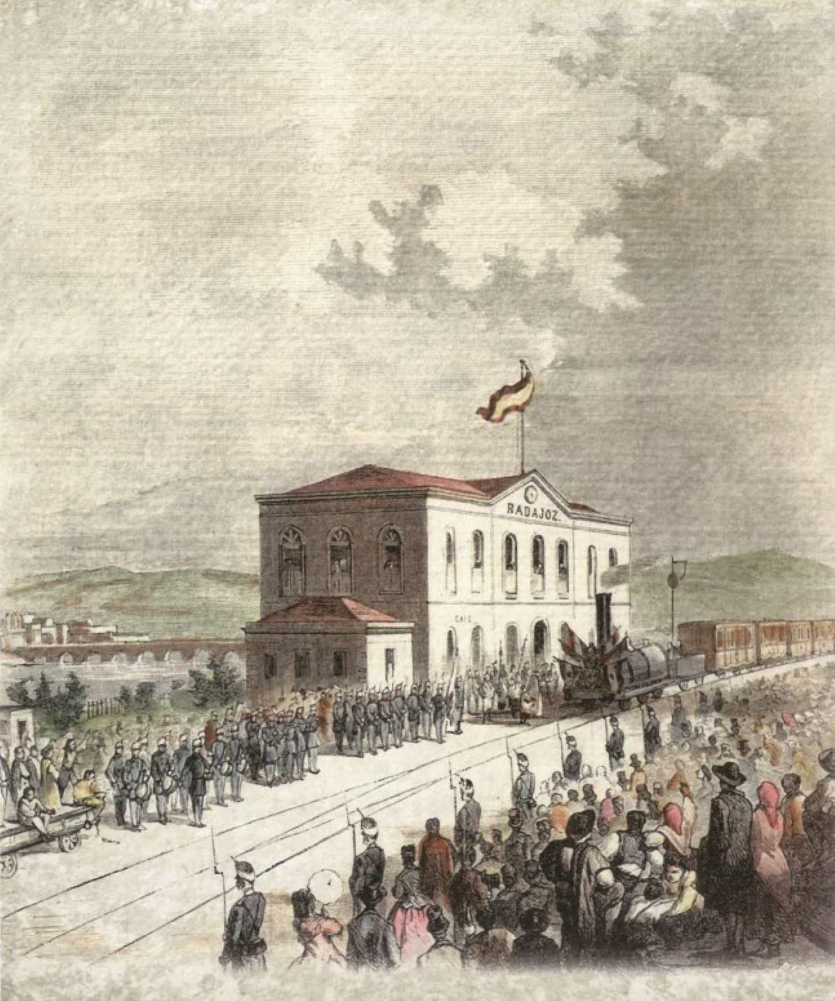 Xilografía de Bernardo Rico con la llegada del tren a la estación de Badajoz.