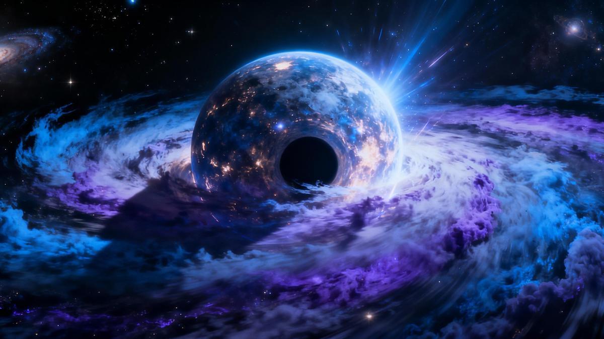 Recreación artística  de una estrella supermasiva primordial en el universo temprano, en el momento crítico de su colapso hacia un agujero negro.