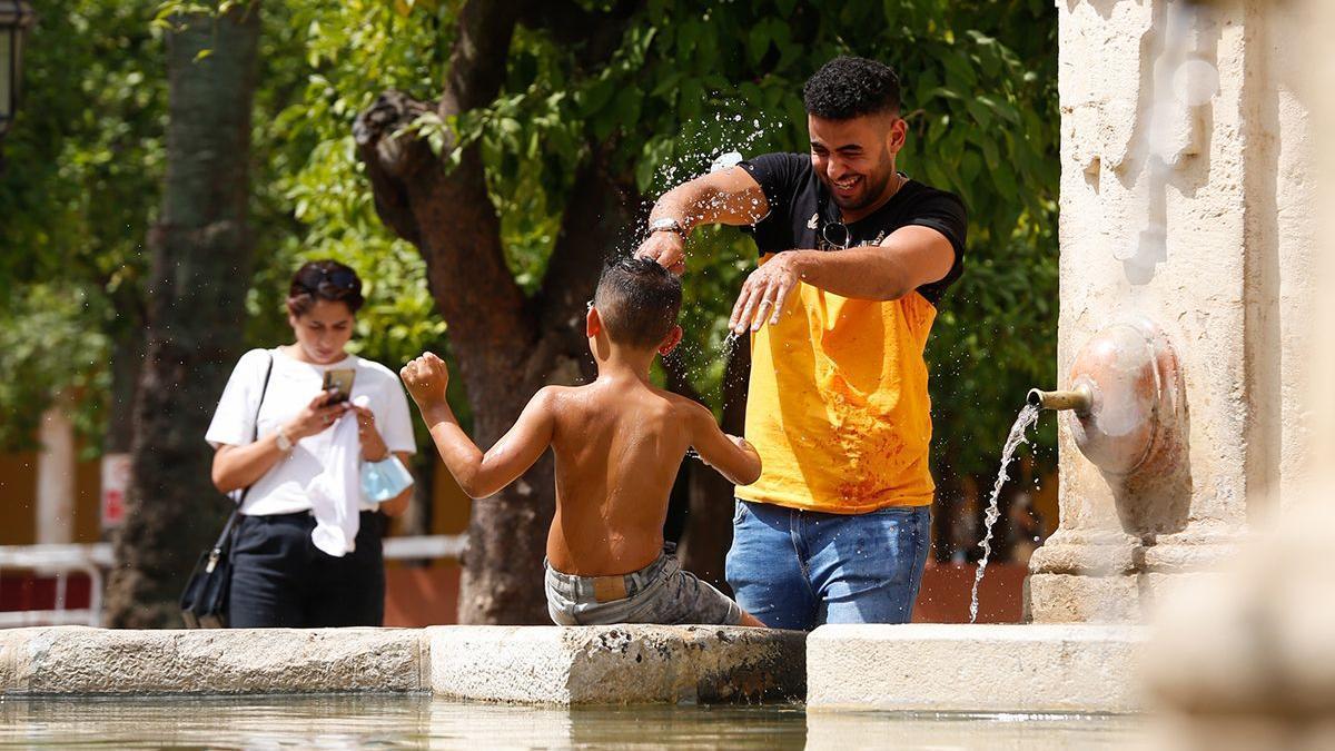 Dos jóvenes juegan con el agua en la fuente del Patio de los Naranjos.