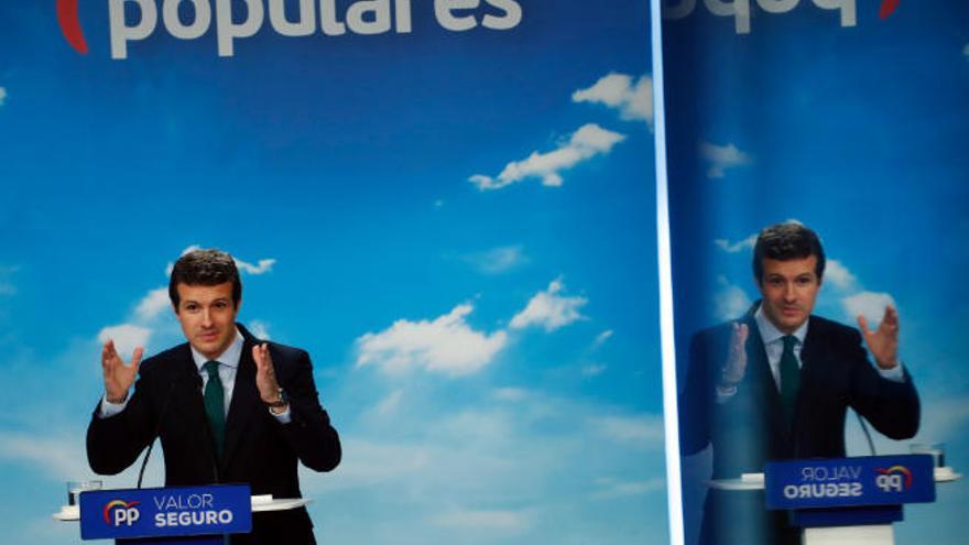 Pablo Casado, líder del PP, en su comparecencia de ayer ante los medios de comunicación.