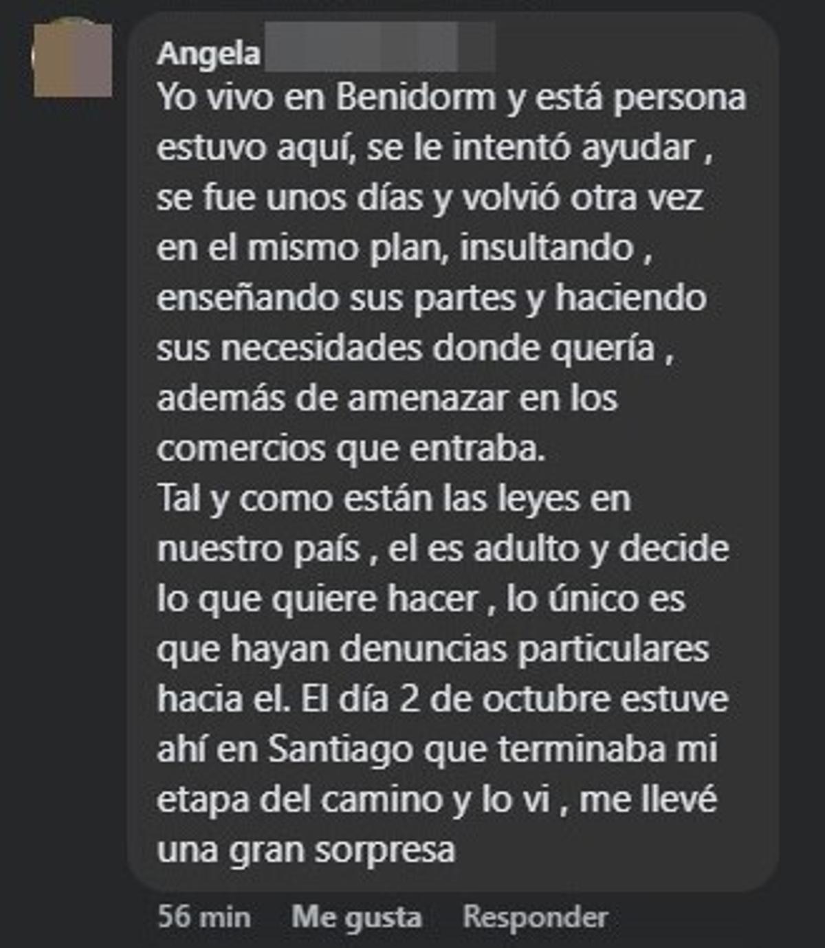 Captura del comentario realizado por Ángela en la publicación de la Asociación Cultural San Martiño Pinario