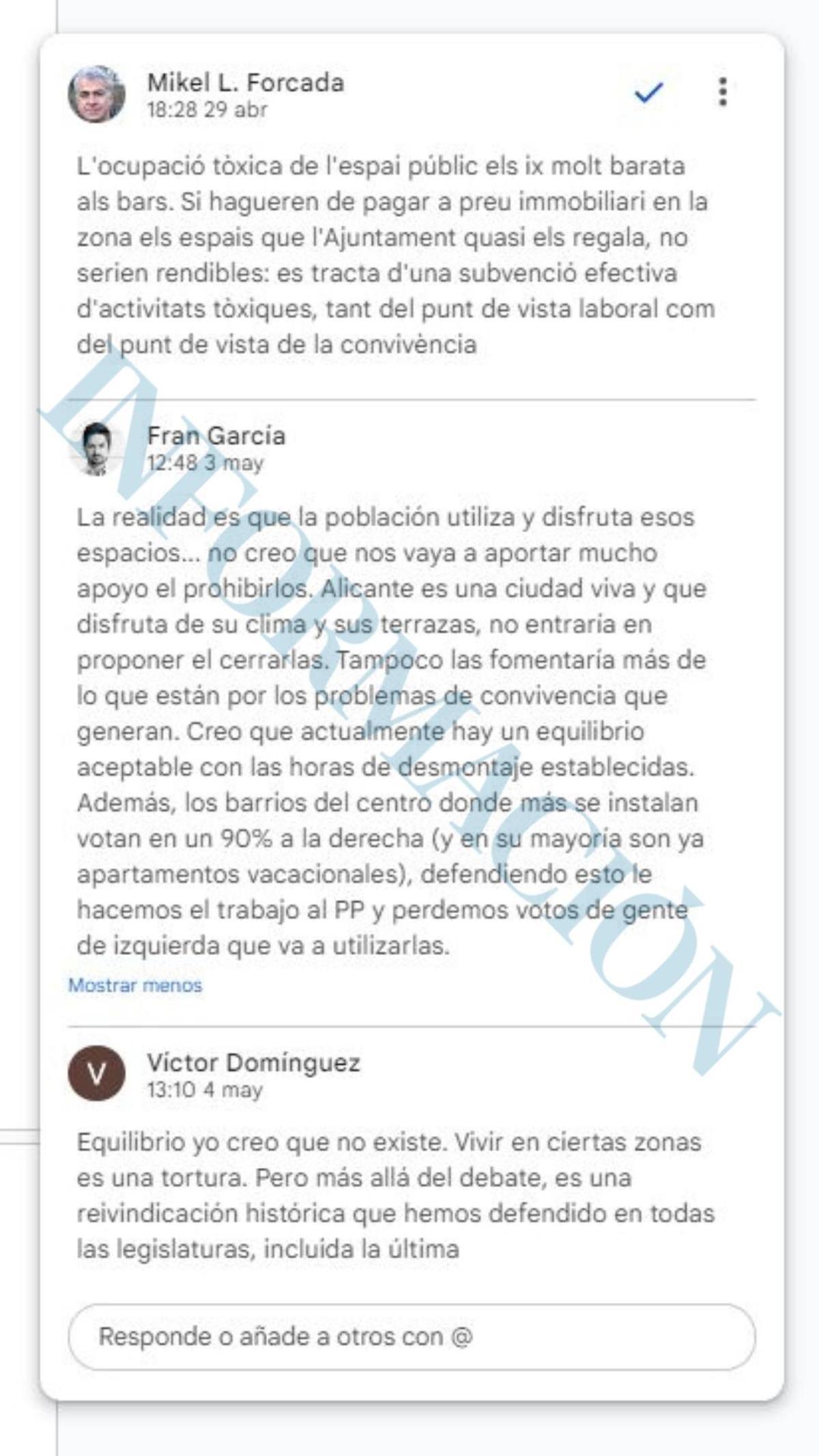 Debate interno de Unidas por Alicante sobre el horario de los veladores.