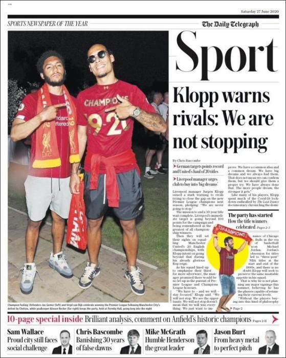 Portada TELEGRAPH SPORT  sábado 27 junio 2020