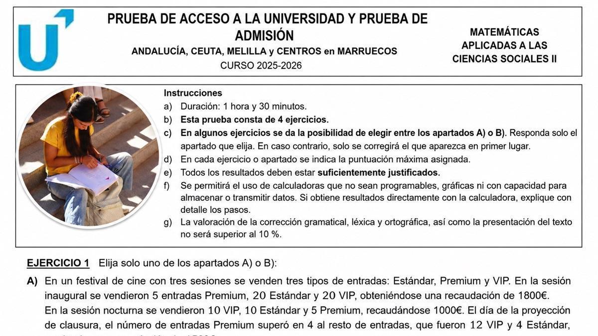 Una estudiante antes de entrar a una de las pruebas de la PAU, sobre una imagen del examen de Matemáticas aplicadas a las Ciencias Sociales II